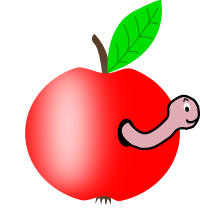 Apple Red with a Green Leaf with funny Worm