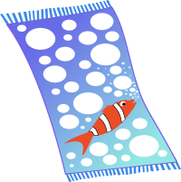 Towel blue with white bubbles and red fish with white strips