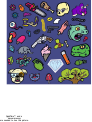 A selection of cartoony characters and objects drawn and coloured by me.