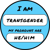 Transgender male pronouns he him blue badge