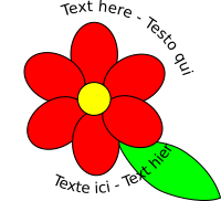 Flower six red petals black outline green leaf with upper and lower text