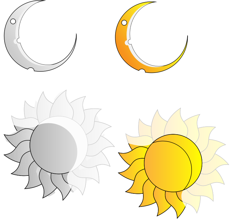 Rays and Crescent Moon and Sun 