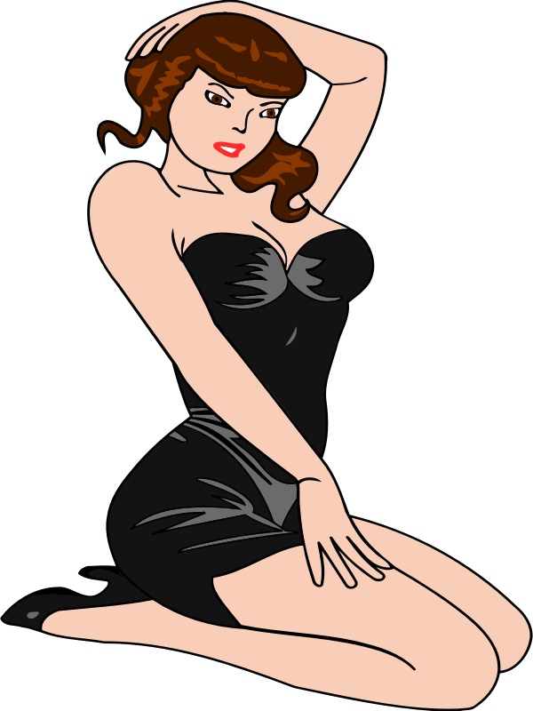 Woman kneeling (light skin, black dress, brown hair)