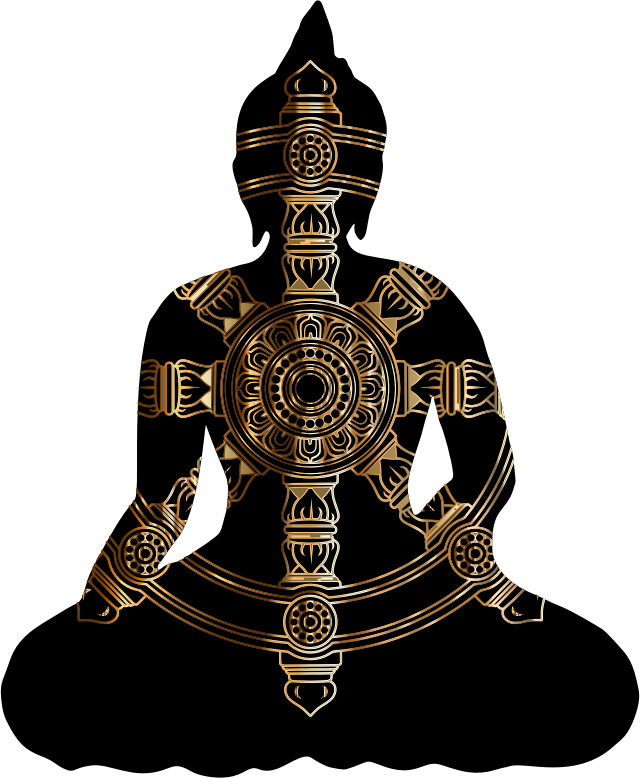Sitting Buddha Silhouette With Dharma Wheel Gold