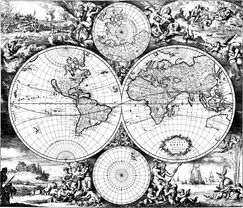 World Map With Allegory Of The Four Elements