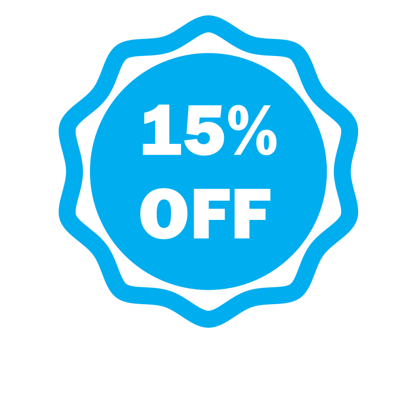 15 percent off blue sticker