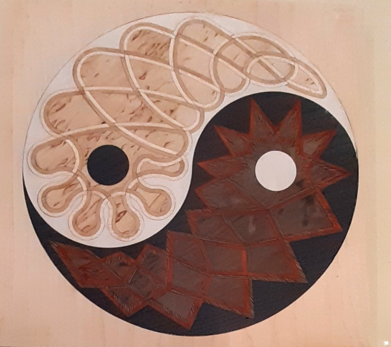 Yin yang with internal Celtic knots in marquetry