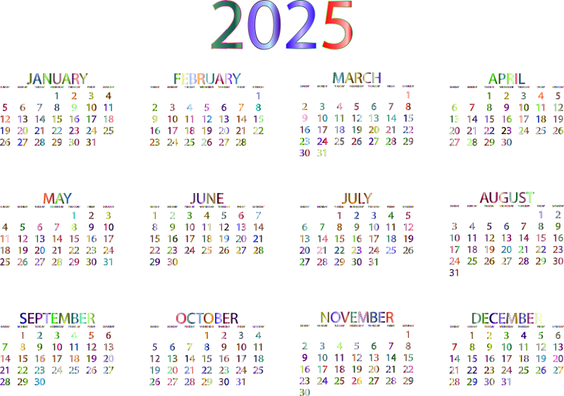 2025 Calendar Chromatic No BG