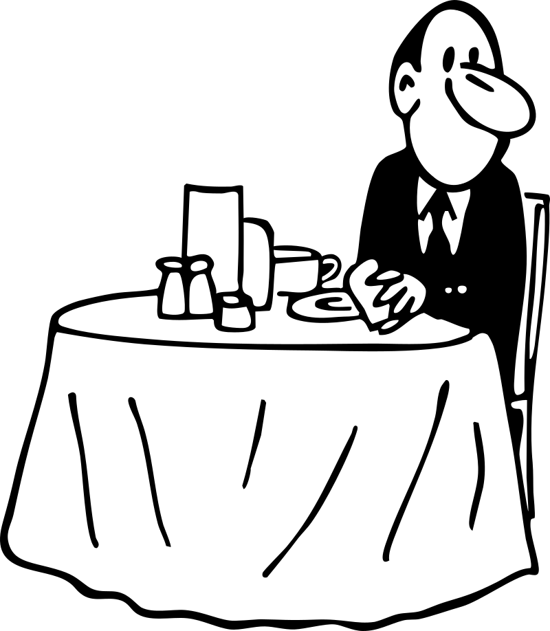 Baffled Man Sitting at Table Looking to the Side Cartoon