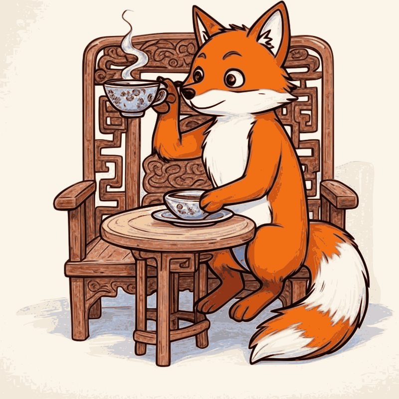 Fox Sits in Chinese Chair to Drink Tea