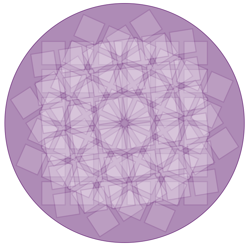 bcp de carrés dans un cercle / many squares in a circle