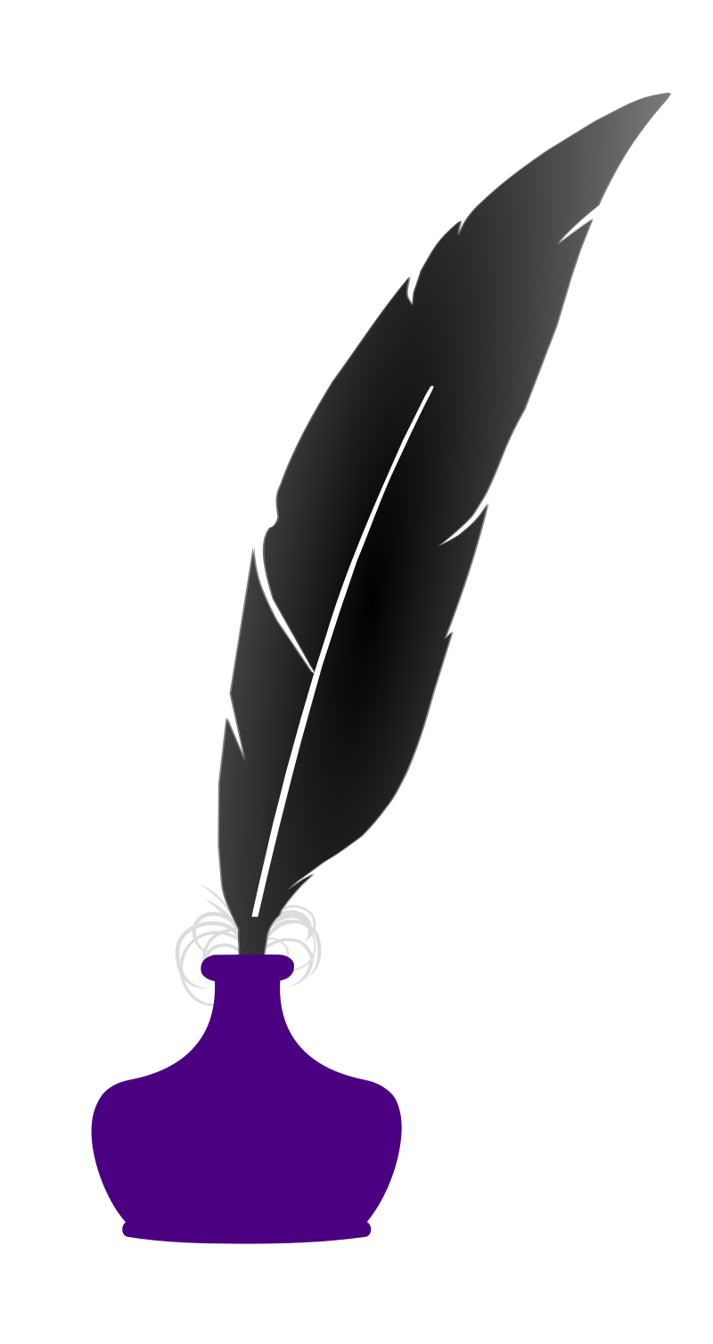A quill in a bottle of purple ink