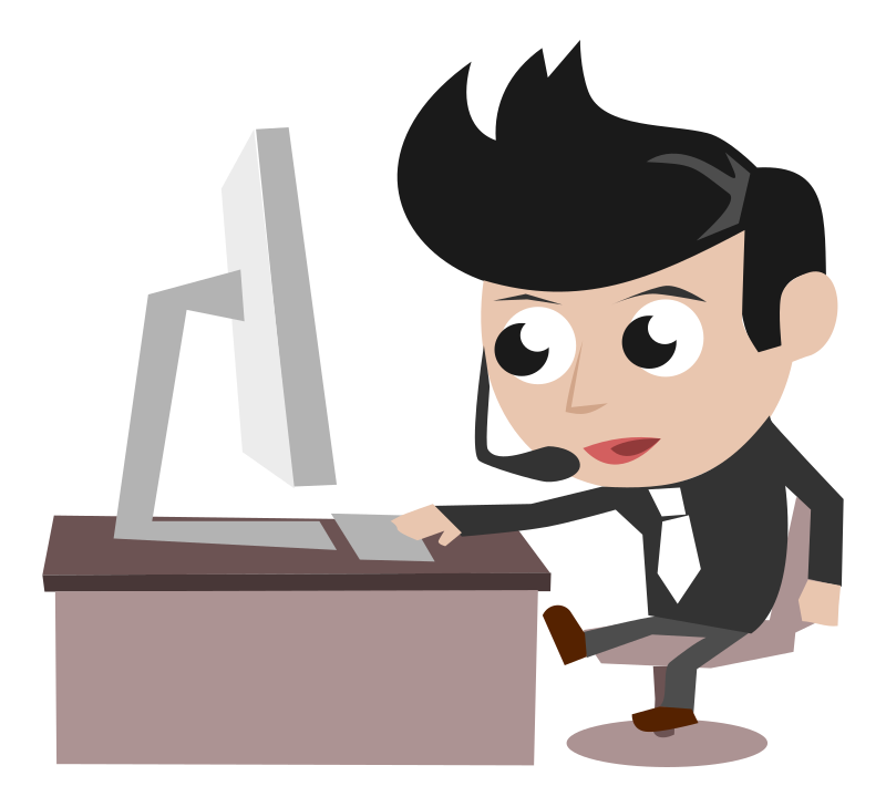Call Center Guy Dark Shirt Black Stylish Hair Sitting and Talking in Front of PC Simple Cartoon Comic Style