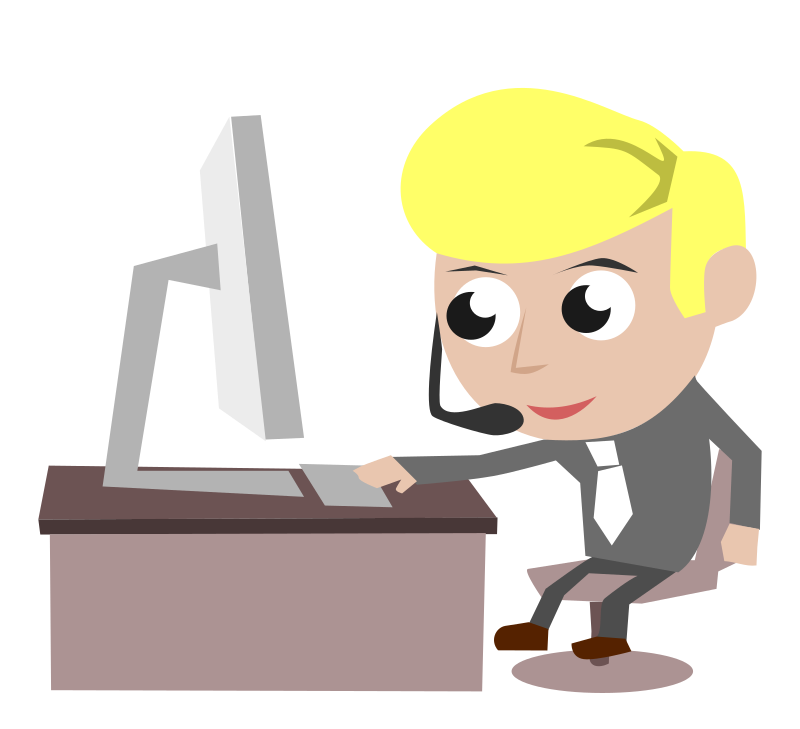 Call Center Guy Gray Shirt Blonde Hair Smiling Sitting in Front of PC Simple Cartoon Comic Style