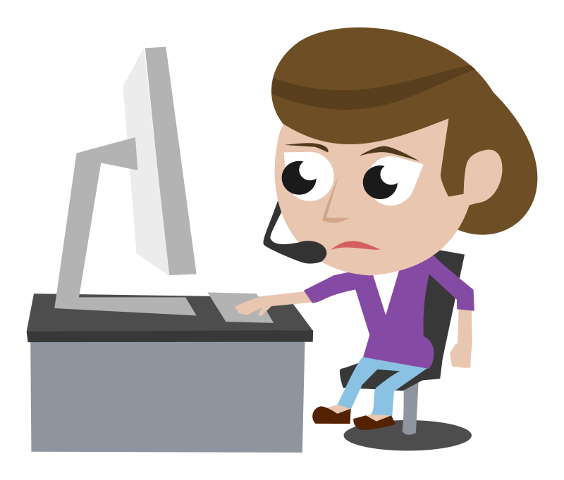 Call Center Lady Purple Shirt Brown Hair Sitting and Frowning in Front of PC Simple Cartoon Comic Style