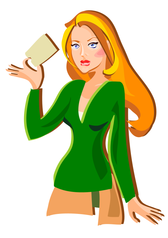 Redhead holding a card